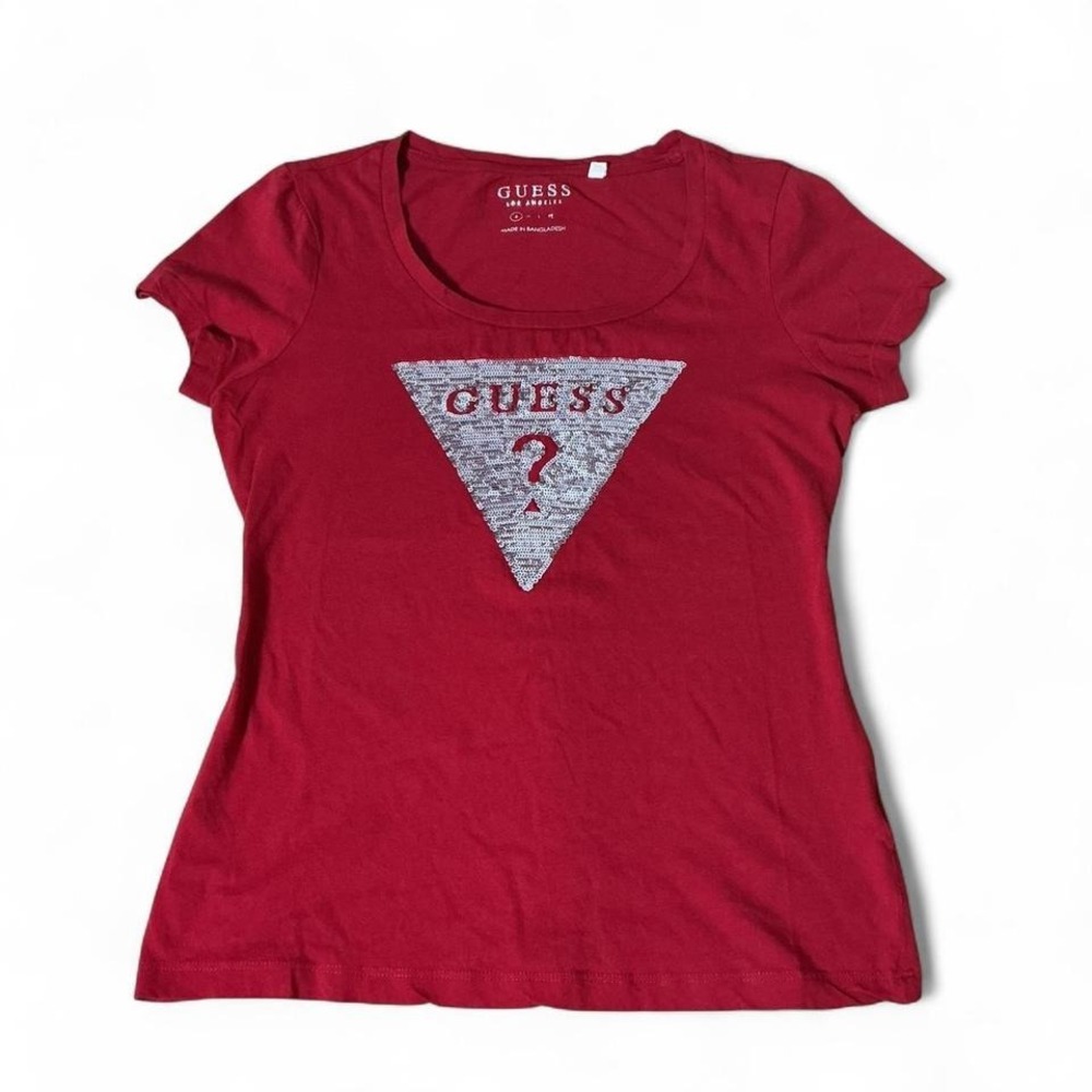 Y2K Guess Los Angeles Red Sequin‎ Triangle Logo Scoop Neck T-Shirt Small